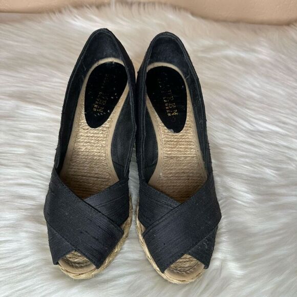 Lauren Ralph Lauren Cecilia Espadrille Black Peep Toe 2" Wedge Size 5 - Picture 2 of 10